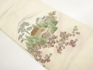 作家物　手織り紬銀彩手描き山並に木々・民家風景模様名古屋帯